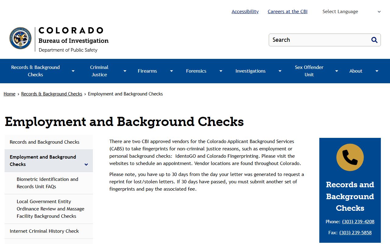 Colorado Criminal Records employment background checks information
