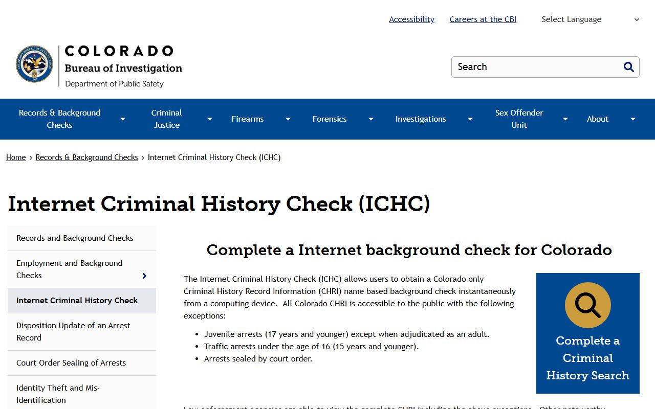Colorado Criminal Records ICHC portal interface