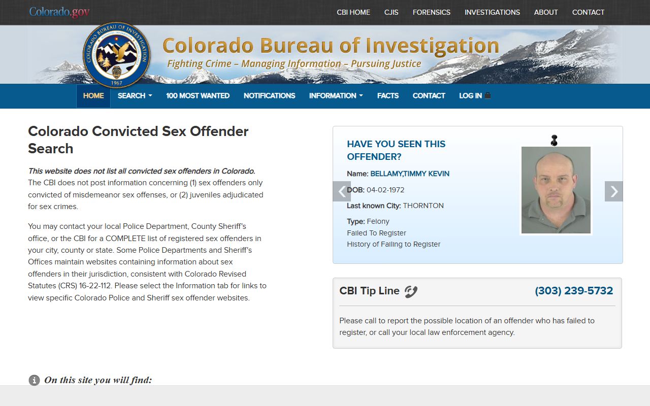 Colorado Criminal Records sex offender registry search page