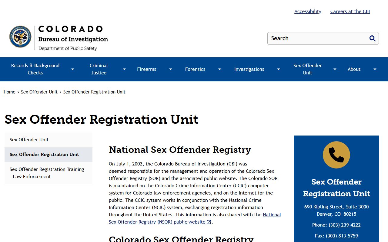 Colorado Criminal Records SOR unit information page